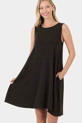 Shop Black Zenana Full Size Sleeveless Flared Dress with Side Pockets - High-Quality U.S. Made Women’s Fashion with Free & Fast Shipping