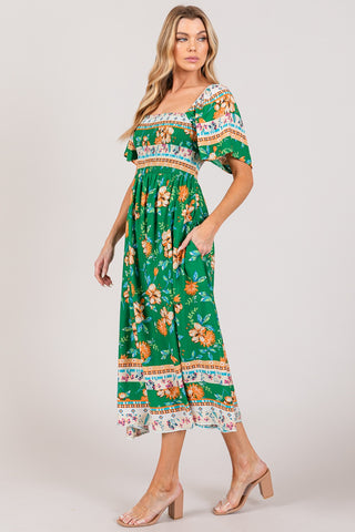 Shop SAGE + FIG Printed Smocked Short Sleeve Midi Dress - High-Quality U.S. Made Women’s Fashion with Free & Fast Shipping