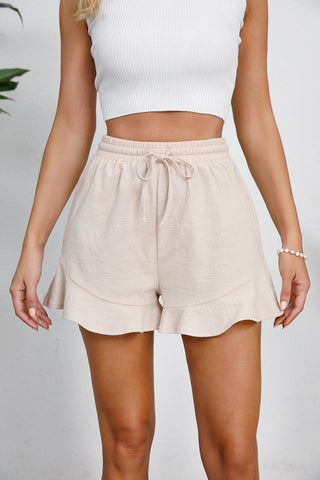 Shop Sand Full Size Drawstring Ruffle Hem Shorts - High-Quality U.S. Made Women’s Fashion with Free & Fast Shipping