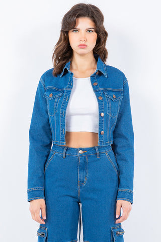 Shop Blue American Bazi Laced Back Cropped Denim Jacket - High-Quality U.S. Made Women’s Fashion with Free & Fast Shipping