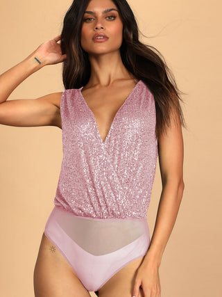 Shop Sequin Surplice Sleeveless Bodysuit - High-Quality U.S. Made Women’s Fashion with Free & Fast Shipping