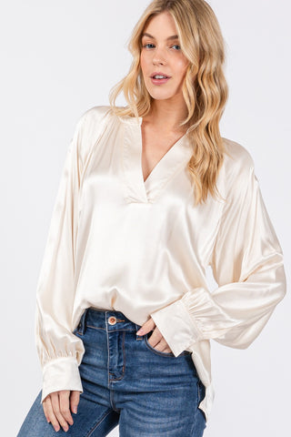 Shop SAGE + FIG Notched Long Sleeve Blouse - High-Quality U.S. Made Women’s Fashion with Free & Fast Shipping