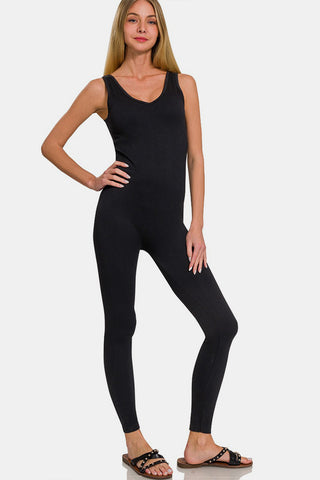 Shop Black Zenana Ribbed Bra Padded Sports Seamless Jumpsuit - High-Quality U.S. Made Women’s Fashion with Free & Fast Shipping