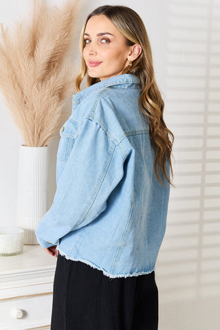 Shop Double Take Dropped Shoulder Raw Hem Denim Jacket - High-Quality U.S. Made Women’s Fashion with Free & Fast Shipping