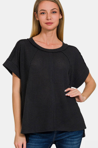 Shop Black Zenana Waffle Exposed-Seam Short Sleeve T-Shirt - High-Quality U.S. Made Women’s Fashion with Free & Fast Shipping