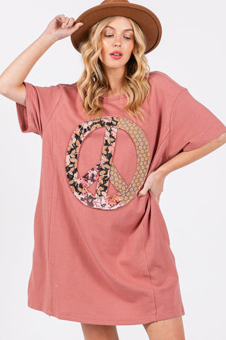 Shop Indian Red SAGE + FIG Full Size Peace Sign Applique Short Sleeve Tee Dress - High-Quality U.S. Made Women’s Fashion with Free & Fast Shipping