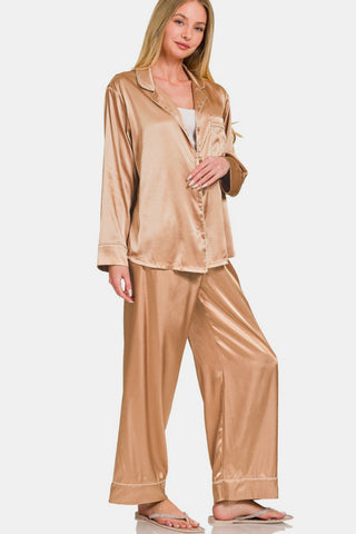 Shop Zenana Satin Long Sleeve Shirt and Pants Pajama Set - High-Quality U.S. Made Women’s Fashion with Free Fast Shipping