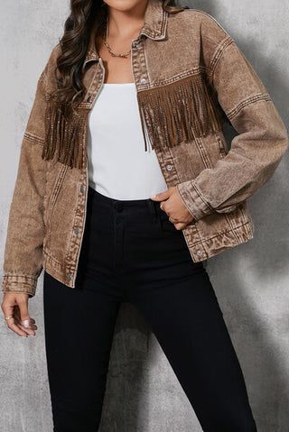 Shop Fringe Trim Snap Down Denim Jacket Now On Klozey Store - Trendy U.S. Premium Women Apparel & Accessories And Be Up-To-Fashion!