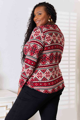 Shop Heimish Full Size Snowflake Print Long Sleeve Top Now On Klozey Store - Trendy U.S. Premium Women Apparel & Accessories And Be Up-To-Fashion!