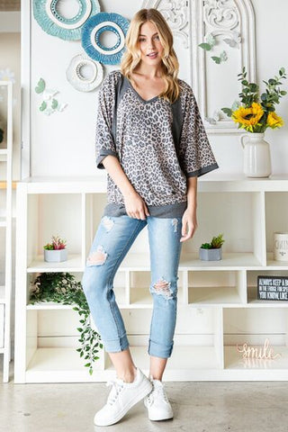 Shop Heimish Full Size Leopard Contrast V-Neck Half Sleeve T-Shirt Now On Klozey Store - Trendy U.S. Premium Women Apparel & Accessories And Be Up-To-Fashion!