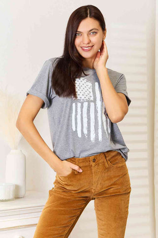 Shop Simply Love US Flag Graphic Cuffed Sleeve T-Shirt Now On Klozey Store - Trendy U.S. Premium Women Apparel & Accessories And Be Up-To-Fashion!