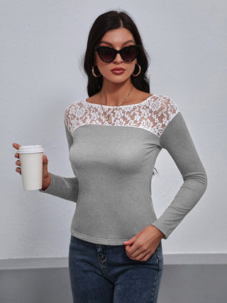 Shop Lace Trim Long Sleeve Round Neck Tee Now On Klozey Store - Trendy U.S. Premium Women Apparel & Accessories And Be Up-To-Fashion!