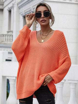 Shop Rib-Knit Drop Shoulder V-Neck Pullover Sweater Now On Klozey Store - Trendy U.S. Premium Women Apparel & Accessories And Be Up-To-Fashion!
