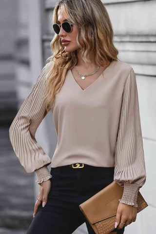 Shop Pleated Lantern Sleeve V-Neck Blouse Now On Klozey Store - Trendy U.S. Premium Women Apparel & Accessories And Be Up-To-Fashion!