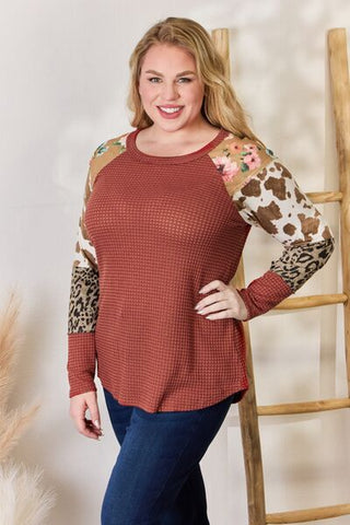 Shop Hailey & Co Full Size Leopard Waffle-Knit Blouse Now On Klozey Store - Trendy U.S. Premium Women Apparel & Accessories And Be Up-To-Fashion!
