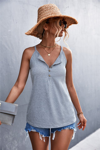 Shop Half Button Grecian Neck Cami Now On Klozey Store - Trendy U.S. Premium Women Apparel & Accessories And Be Up-To-Fashion!