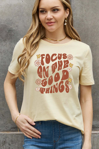 Shop Simply Love Full Size FOCUS ON THE GOOD THINGS Graphic Cotton Tee Now On Klozey Store - Trendy U.S. Premium Women Apparel & Accessories And Be Up-To-Fashion!