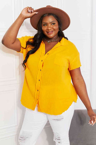 Shop Zenana Full Size Summer Breeze Gauze Short Sleeve Shirt in Mustard Now On Klozey Store - Trendy U.S. Premium Women Apparel & Accessories And Be Up-To-Fashion!