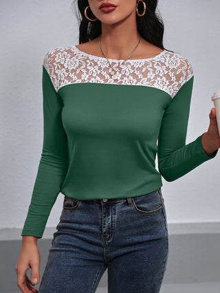 Shop Lace Trim Long Sleeve Round Neck Tee Now On Klozey Store - Trendy U.S. Premium Women Apparel & Accessories And Be Up-To-Fashion!