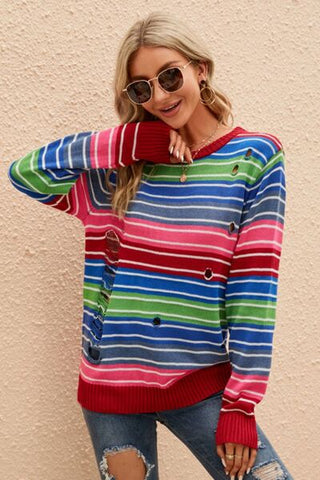 Shop Striped Distressed Cutout Round Neck Sweater Now On Klozey Store - Trendy U.S. Premium Women Apparel & Accessories And Be Up-To-Fashion!
