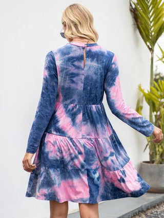 Shop Tie-Dye Round Neck Long Sleeve Tiered Dress Now On Klozey Store - Trendy U.S. Premium Women Apparel & Accessories And Be Up-To-Fashion!