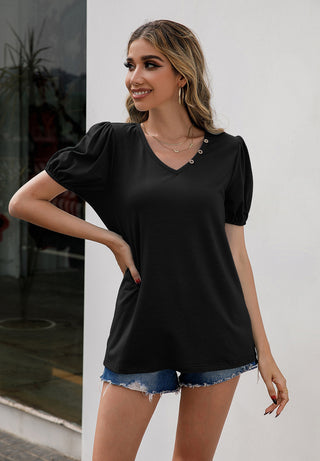 Shop V-Neck Decorative Buttons Puff Sleeve Tee Now On Klozey Store - Trendy U.S. Premium Women Apparel & Accessories And Be Up-To-Fashion!