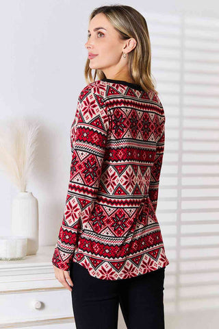 Shop Heimish Full Size Snowflake Print Long Sleeve Top Now On Klozey Store - Trendy U.S. Premium Women Apparel & Accessories And Be Up-To-Fashion!