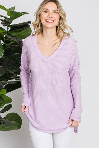 Shop Reborn J Waffle Knit V-Neck Long Sleeve T-Shirt Now On Klozey Store - Trendy U.S. Premium Women Apparel & Accessories And Be Up-To-Fashion!