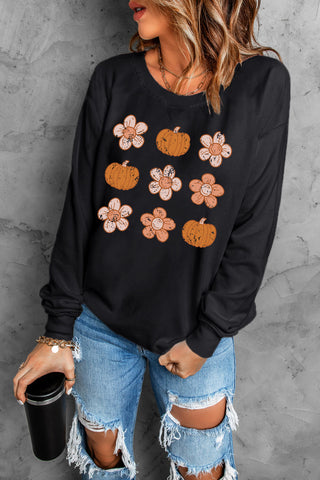 Shop Round Neck Long Sleeve Pumpkin & Flower Graphic Sweatshirt Now On Klozey Store - Trendy U.S. Premium Women Apparel & Accessories And Be Up-To-Fashion!