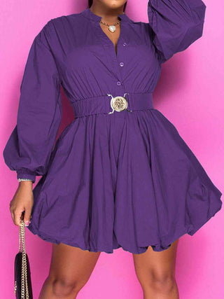 Shop Notched Button Up Balloon Sleeves Dress Now On Klozey Store - Trendy U.S. Premium Women Apparel & Accessories And Be Up-To-Fashion!