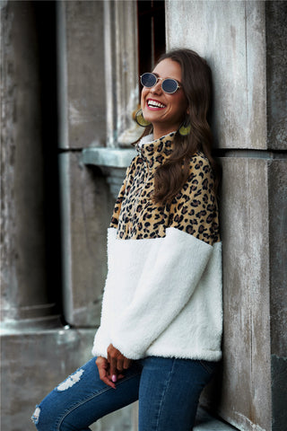 Shop Leopard Color Block Half-Zip Collar Teddy Sweatshirt Now On Klozey Store - Trendy U.S. Premium Women Apparel & Accessories And Be Up-To-Fashion!