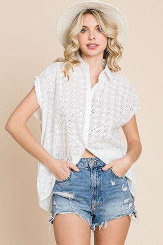 Shop Culture Code Eyelet Crisscross Back Button Up Shirt Now On Klozey Store - Trendy U.S. Premium Women Apparel & Accessories And Be Up-To-Fashion!