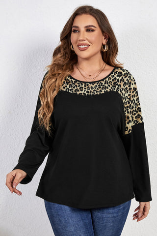 Shop Plus Size Leopard Trim Round Neck Long Sleeve Tee Now On Klozey Store - Trendy U.S. Premium Women Apparel & Accessories And Be Up-To-Fashion!
