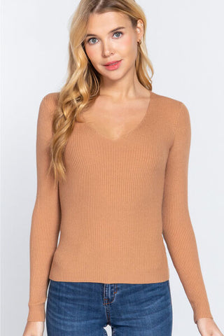 Shop ACTIVE BASIC V-Neck Fitted Viscose Rib Knit Top Now On Klozey Store - Trendy U.S. Premium Women Apparel & Accessories And Be Up-To-Fashion!