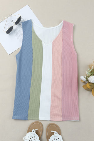 Shop Multicolored Striped Waffle-Knit Sleeveless Tank Now On Klozey Store - Trendy U.S. Premium Women Apparel & Accessories And Be Up-To-Fashion!