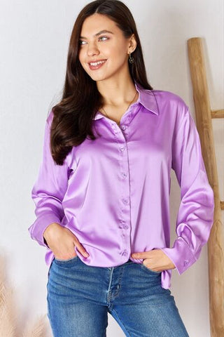 Shop Zenana Satin Button Down Long Sleeve Shirt Now On Klozey Store - Trendy U.S. Premium Women Apparel & Accessories And Be Up-To-Fashion!