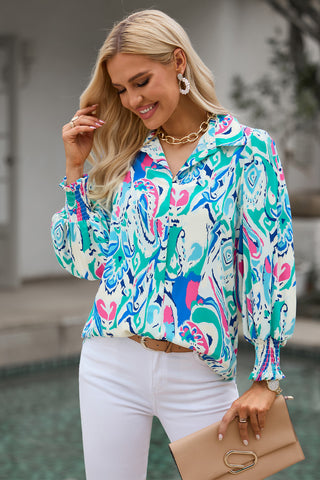 Shop Printed Puff Sleeve Collared Blouse Now On Klozey Store - Trendy U.S. Premium Women Apparel & Accessories And Be Up-To-Fashion!
