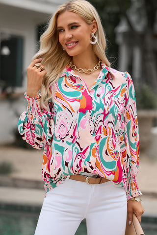 Shop Printed Puff Sleeve Collared Blouse Now On Klozey Store - Trendy U.S. Premium Women Apparel & Accessories And Be Up-To-Fashion!