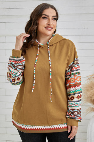 Shop Plus Size Printed Side Slit Waffle-Knit Hoodie Now On Klozey Store - Trendy U.S. Premium Women Apparel & Accessories And Be Up-To-Fashion!