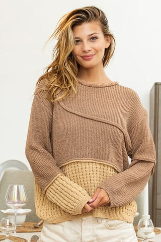 Shop BiBi Texture Detail Contrast Drop Shoulder Sweater Now On Klozey Store - Trendy U.S. Premium Women Apparel & Accessories And Be Up-To-Fashion!