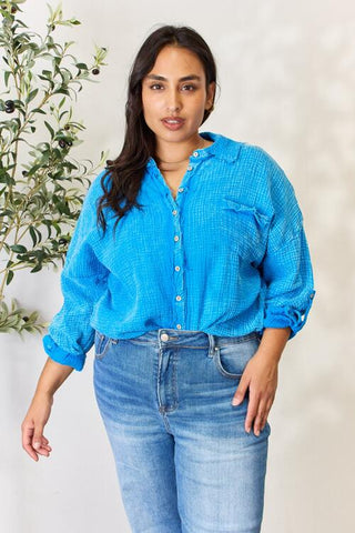 Shop Zenana Full Size Washed Raw Trim Button Down Shirt Now On Klozey Store - Trendy U.S. Premium Women Apparel & Accessories And Be Up-To-Fashion!