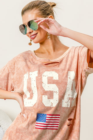 Shop BiBi Washed American Flag Graphic Distressed T-Shirt Now On Klozey Store - Trendy U.S. Premium Women Apparel & Accessories And Be Up-To-Fashion!