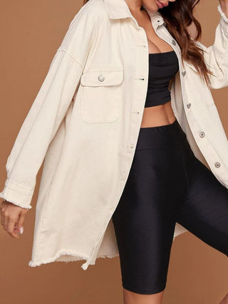 Shop Collared Neck Button-Up Dropped Shoulder Denim Jacket Now On Klozey Store - Trendy U.S. Premium Women Apparel & Accessories And Be Up-To-Fashion!