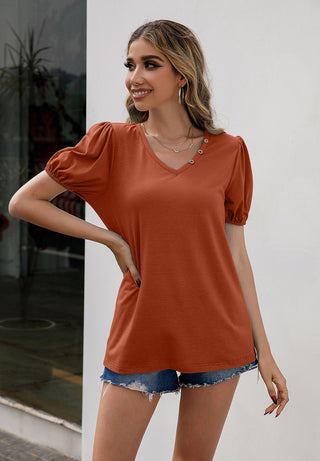 Shop V-Neck Decorative Buttons Puff Sleeve Tee Now On Klozey Store - Trendy U.S. Premium Women Apparel & Accessories And Be Up-To-Fashion!