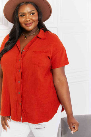 Shop Zenana Full Size Summer Breeze Gauze Short Sleeve Shirt in Copper Now On Klozey Store - Trendy U.S. Premium Women Apparel & Accessories And Be Up-To-Fashion!