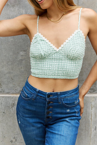 Shop Leto Gingham Daisy Trim Smocked Bustier in Sage Now On Klozey Store - Trendy U.S. Premium Women Apparel & Accessories And Be Up-To-Fashion!