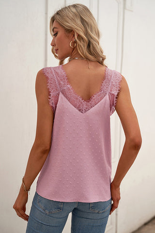 Shop Swiss Dot Lace Trim V-Neck Tank Now On Klozey Store - Trendy U.S. Premium Women Apparel & Accessories And Be Up-To-Fashion!