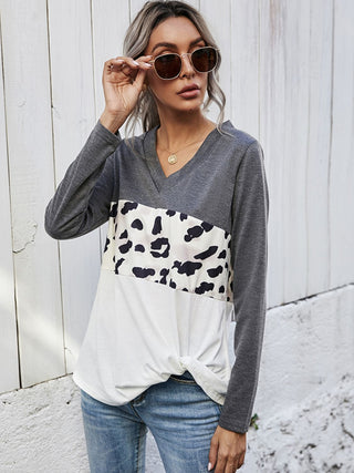 Shop Leopard Color Block V-Neck Twisted Tee Now On Klozey Store - Trendy U.S. Premium Women Apparel & Accessories And Be Up-To-Fashion!