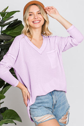 Shop Reborn J Waffle Knit V-Neck Long Sleeve T-Shirt Now On Klozey Store - Trendy U.S. Premium Women Apparel & Accessories And Be Up-To-Fashion!
