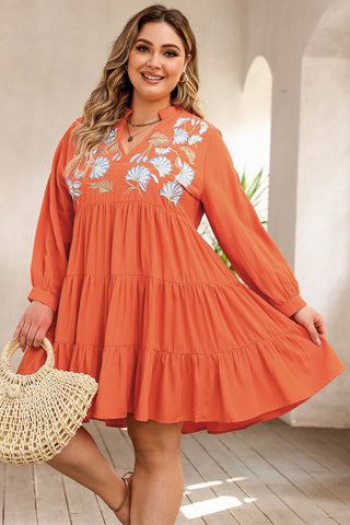 Shop Plus Size Notched Neck Printed Long Sleeve Mini Dress Now On Klozey Store - Trendy U.S. Premium Women Apparel & Accessories And Be Up-To-Fashion!